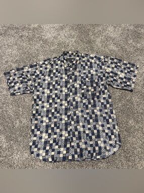 Vintage Bogari Silk Shirt Men’s M Blue Ivory Geometric Resort Wear Y2K Casual